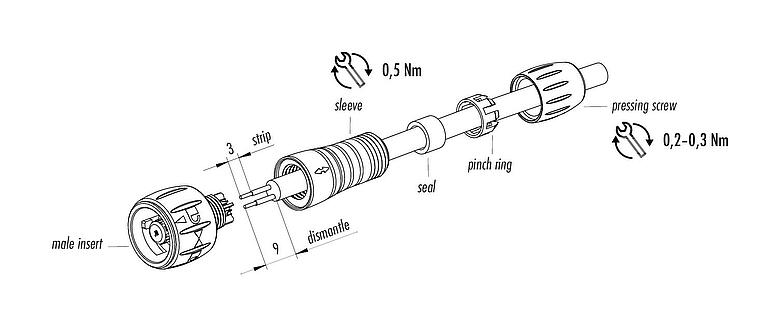 Assembly instructions Bayonet Male cable connector, Contacts: 5, 3.0-5.0 mm, solder, IP67
