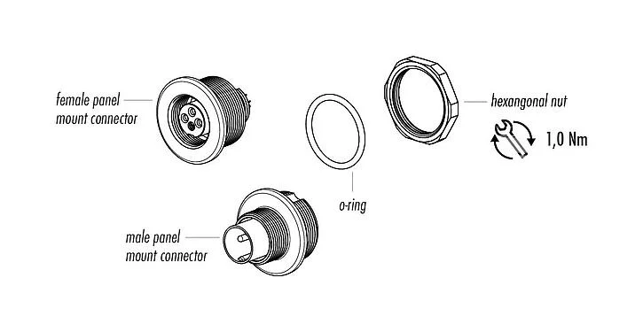Component part drawing 09 0403 00 02 - M9 Male panel mount connector, Contacts: 2, unshielded, solder, IP67