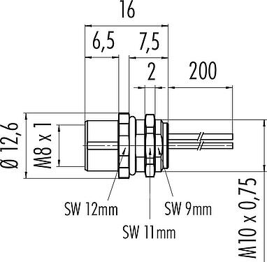 比例图 M8 孔头法兰座, 极数: 8, 非屏蔽, 带导线, IP67, UL 2238, M10x0.75, 板前安装, 模压成型