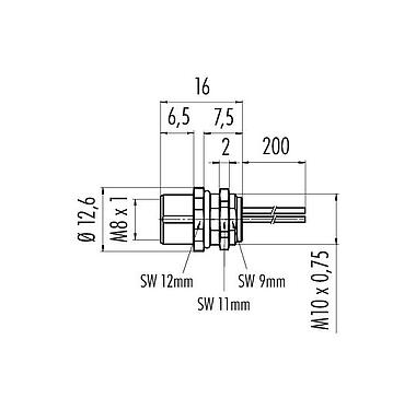 Scale drawing 76 6218 1111 00005-0200 - M8 Female panel mount connector, Contacts: 5, unshielded, single wires, IP67, UL, M10x0.75