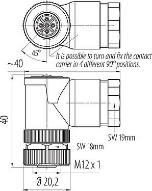 Scale drawing M12 Male duo connector - female angled connector, Contacts: 4, 2.1-3.0 mm (2 cable) or 4-5 mm (2 cable), unshielded, screw clamp, IP67
