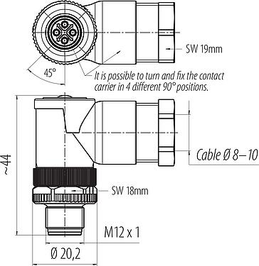 比例图 M12 弯角针头电缆连接器, 极数: 3+PE, 8.0-10.0mm, 非屏蔽, 螺钉接线, IP67, UL 2238, VDE