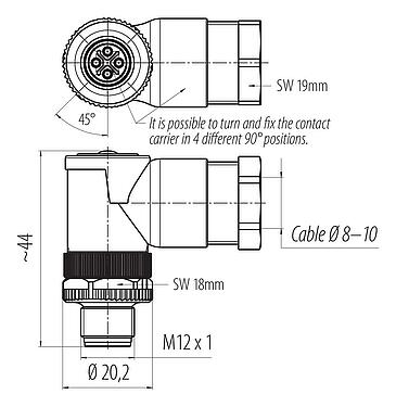 比例图 M12 弯角针头电缆连接器, 极数: 3+PE, 8.0-10.0mm, 非屏蔽, 螺钉接线, IP67, UL 2238, VDE