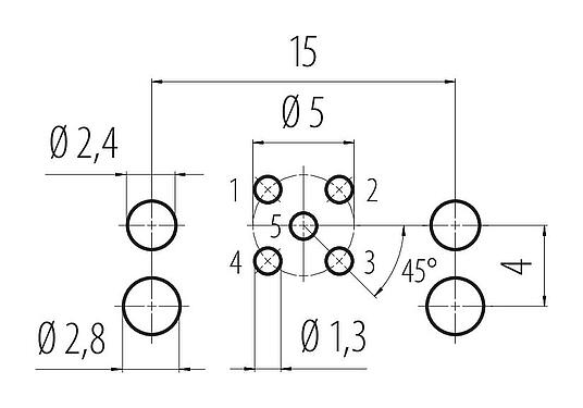 Conductor layout M12 Female angled panel mount connector, Contacts: 5, unshielded, THR, IP68, UL 2238, Front mounting, for PCB assembly