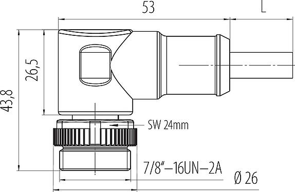 Scale drawing 7/8" Male angled connector, Contacts: 5, unshielded, moulded on the cable, IP68, UL 2238, PUR, black, 5 x 1.50 mm², 5 m