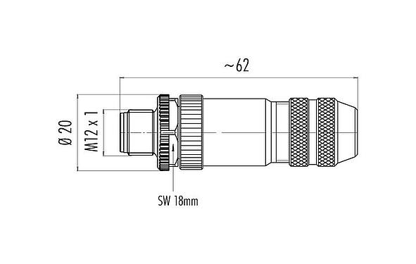Scale drawing M12 Male cable connector, Contacts: 12, 6.0-8.0 mm, shieldable, solder, IP67, UL 2238, with shielding ring
