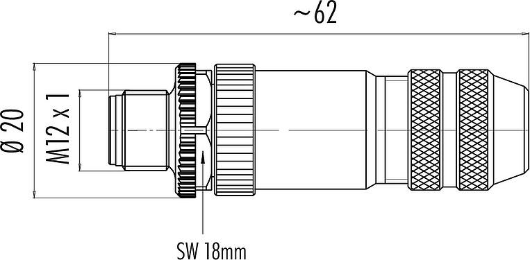 比例图 M12 直头针头电缆连接器, 极数: 12, 6.0-8.0mm, 可接屏蔽, 焊接, IP67, UL 2238, 带防护环