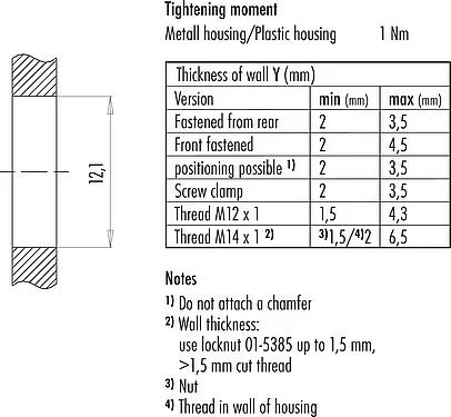 安装说明 M12 针头法兰座, 极数: 5, 非屏蔽, THT, IP68, UL 2238, M12x1.0, 後壁安裝, 模压成型