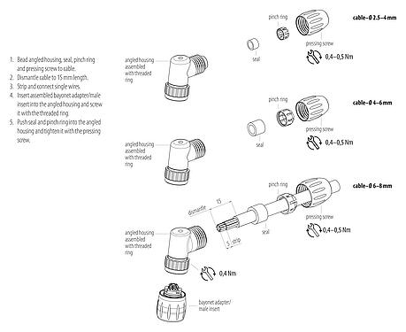 Assembly instructions Bayonet Male angled connector, Contacts: 8, 4.0-6.0 mm, unshielded, solder, IP67