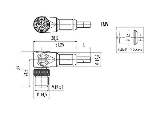 Scale drawing 77 3527 0000 50708-0200 - M12 Male angled connector, Contacts: 8, shielded, moulded on the cable, IP67, UL, PUR, black, 8 x 0.25 mm², 2 m