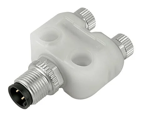 Illustration M12/M8 Twin distributors Y-distributor, male connector - 2 female connector, Contacts: 4/3, unshielded, pluggable, IP68, UL 2238, with LED PNP