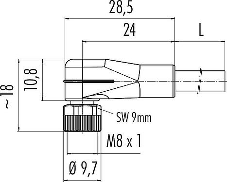 比例图 M8 弯角孔头电缆连接器, 极数: 4, 非屏蔽, 预铸电缆, IP67/IP69K, UL 2238, PUR, 黑色, 4x0.34 mm², 带LED的PNP, 2m