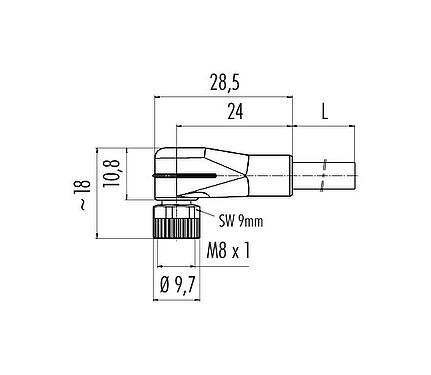 Scale drawing M8 Female angled connector, Contacts: 3, unshielded, moulded on the cable, IP67/IP69K, UL 2238, PUR, black, 3 x 0.34 mm², with LED PNP, 2 m