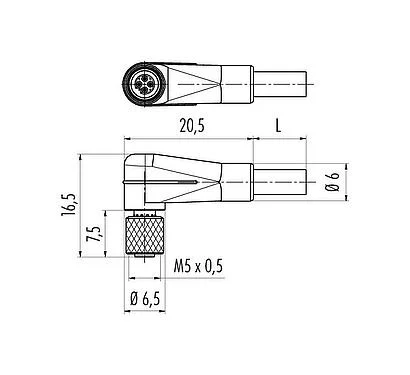 Scale drawing M5 Female angled connector, Contacts: 4, unshielded, moulded on the cable, IP67, UL 2238, M5x0.5, PUR, black, 4 x 0.25 mm², 5 m