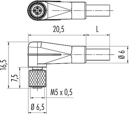 比例图 M5 弯角孔头电缆连接器, 极数: 3, 非屏蔽, 预铸电缆, IP67, UL 2238, M5x0.5, PUR, 黑色, 3x0.14mm², 2m