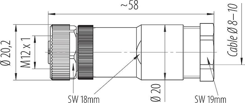 比例图 M12 直头孔头电缆连接器, 极数: 4, 8.0-10.0mm, 非屏蔽, 螺钉接线, IP67, UL 2238, VDE