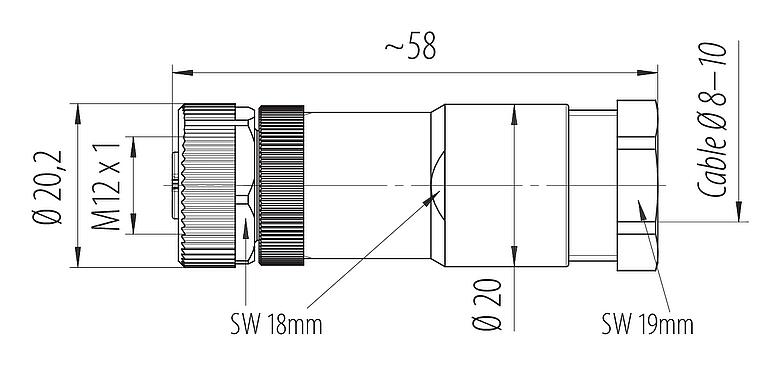 比例图 99 0630 19 04 - M12 直头孔头电缆连接器, 极数: 4, 8.0-10.0mm, 非屏蔽, 螺钉接线, IP67, UL 2238, VDE
