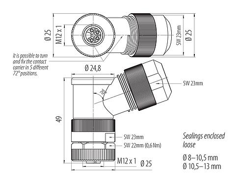 Scale drawing 99 0638 58 04 - M12 Female angled connector, Contacts: 4, 8.0-13.0 mm, unshielded, screw clamp, IP67, UL 2238, M12x1.0, for the power supply