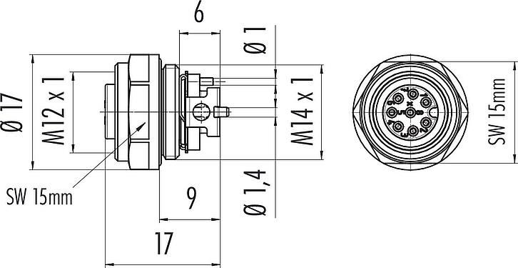 比例图 M12 孔头法兰座, 极数: 8, 可接屏蔽, SMT, IP67, M14x1.0, 板前安装