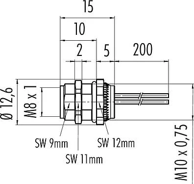 Scale drawing M8 Female panel mount connector, Contacts: 5, unshielded, single wires, IP67/IP69K, UL 2238, M10x0.75, Rear mounting, potted