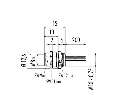 比例图 M8 孔头法兰座, 极数: 6, 非屏蔽, 带导线, IP67/IP69K, UL 2238, M10x0.75, 後壁安裝, 模压成型