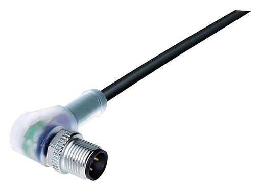 Illustration M12 Male angled connector, Contacts: 4, unshielded, moulded on the cable, IP68/IP69K, UL 2238, PUR, black, 4 x 0.34 mm², with LED PNP, 2 m
