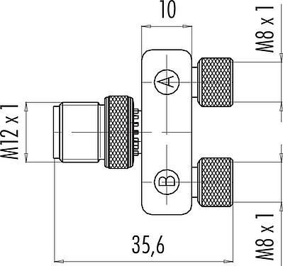 比例图 M12/M8 双分线盒,Y 型分配器, 针头连接器 - 2 孔头连接器, 极数: 4/3, 非屏蔽, 插拔式, IP68, UL 2238
