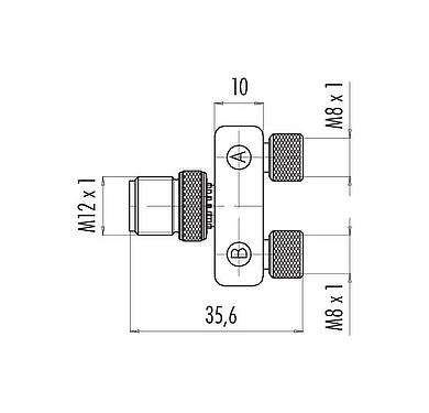 Scale drawing M12/M8 Twin distributors Y-distributor, male connector - 2 female connector, Contacts: 4/3, unshielded, pluggable, IP68, UL 2238