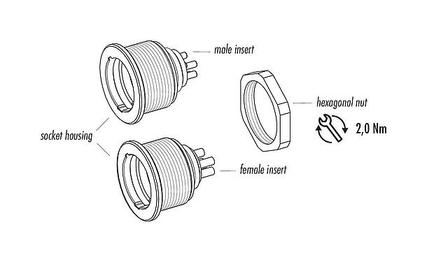Component part drawing Push Pull Male panel mount connector, Contacts: 7, unshielded, solder, IP67, M21x1,0, Front mounting