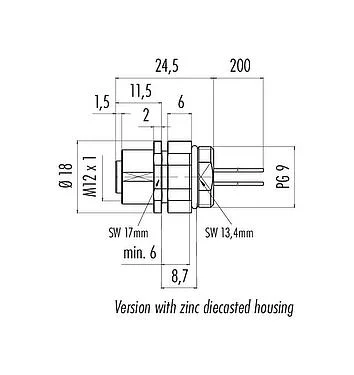 Scale drawing M12 Female panel mount connector, Contacts: 4, unshielded, single wires, IP68/IP69K, UL 2238, PG 9, Front mounting, Positionable coding alignment