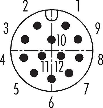 联系安排 (外掛程式側) M12 弯角针头电缆连接器, 极数: 12, 6.0-8.0mm, 可接屏蔽, 焊接, IP67, UL 2238, 带防护环