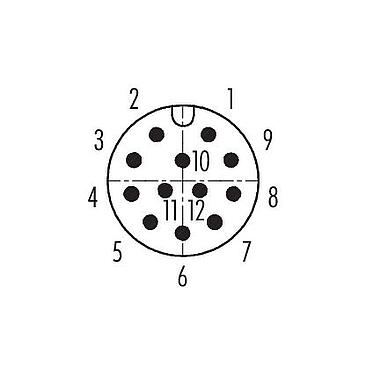 联系安排 (外掛程式側) M12 弯角针头电缆连接器, 极数: 12, 6.0-8.0mm, 可接屏蔽, 焊接, IP67, UL 2238, 带防护环