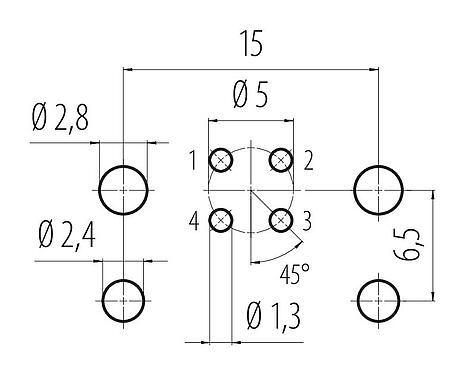 导体结构 99 3432 200 04 - M12 孔头法兰座, 极数: 4, 非屏蔽, THR, IP68, UL, 用于PCB组装, 可分离设计