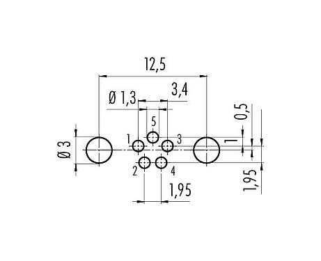 Conductor layout M8 Female panel mount connector, Contacts: 5, shieldable, THT, IP67, UL 2238, M10x0.75, Rear mounting, potted