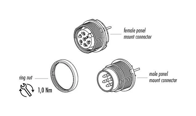 Component part drawing M16 Male panel mount connector, Contacts: 12 (12-a), shieldable, THT, IP40, M18x0,75, Rear mounting