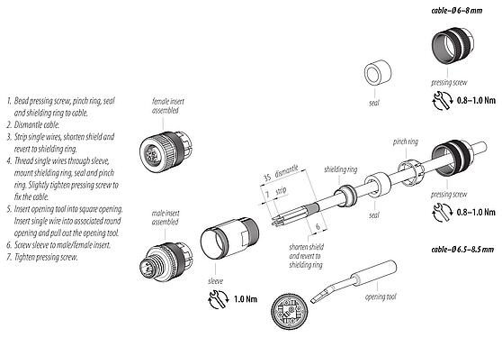 Assembly instructions M12 Male cable connector, Contacts: 5, 6.0-8.0 mm, shieldable, wire clamp, IP67, with shielding ring