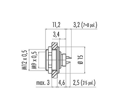 Scale drawing 09 0416 80 05 - M9 Female panel mount connector, Contacts: 5, unshielded, solder, IP67, front fastened
