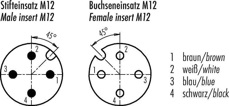 联系安排 (外掛程式側) M12 连接线束 直头针头电缆连接器 - 弯角孔头电缆连接器, 极数: 4, 非屏蔽, 预铸电缆, IP68/IP69K, PUR, 黑色, 4x0.34 mm², 带LED的PNP, 2m