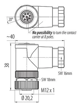 比例图 M12 弯角孔头电缆连接器, 极数: 8, 6.0-8.0mm, 非屏蔽, 螺钉接线, IP67, UL 2238