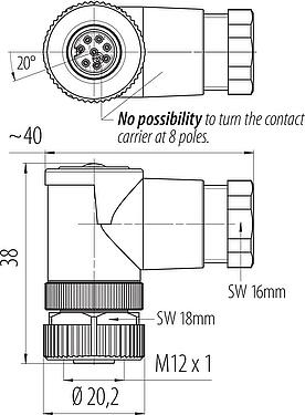 比例图 M12 弯角孔头电缆连接器, 极数: 8, 6.0-8.0mm, 非屏蔽, 螺钉接线, IP67, UL 2238