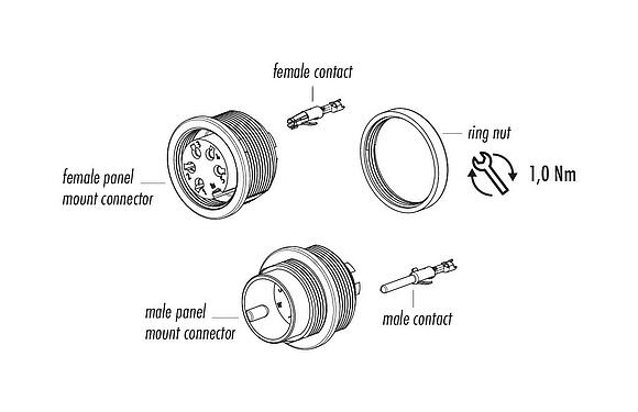 Component part drawing M16 Male panel mount connector, Contacts: 8 (08-a), unshielded, crimping (Crimp contacts must be ordered separately), IP68, UL 2238, AISG compliant, M18x0,75, Front mounting