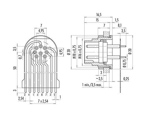 Connection & dimensions M16 Male panel mount connector, Contacts: 8 (08-a), unshielded, THT, IP68, M18x0,75, Rear mounting, potted
