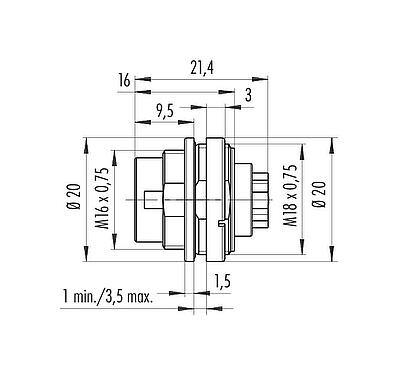 Scale drawing M16 Male panel mount connector, Contacts: 8 (08-a), unshielded, crimping (Crimp contacts must be ordered separately), IP68, UL 2238, AISG compliant, M18x0,75, Front mounting