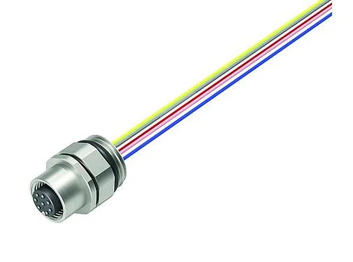 插图 M12 孔头法兰座, 极数: 8, 非屏蔽, 带导线, IP68/IP69K, UL 2238, PG 9, 板前安装, 不锈钢, 位置可调, 模压成型