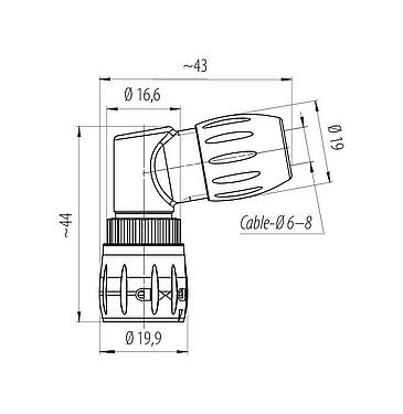 Scale drawing Bayonet Male angled connector, Contacts: 8, 6.0-8.0 mm, unshielded, solder, IP67
