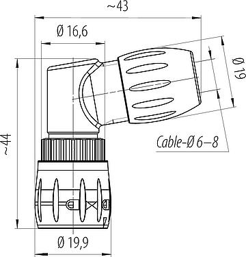 比例图 卡扣式 弯角针头电缆连接器, 极数: 8, 6.0-8.0mm, 非屏蔽, 焊接, IP67