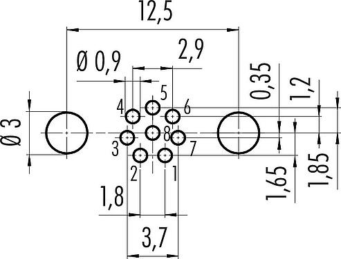 导体结构 M8 孔头法兰座, 极数: 8, 可接屏蔽, THT, IP67, UL 2238, M10x0.75, 後壁安裝, 模压成型