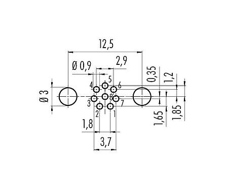 Conductor layout M8 Female panel mount connector, Contacts: 8, shieldable, THT, IP67, UL 2238, M10x0.75, Rear mounting, potted