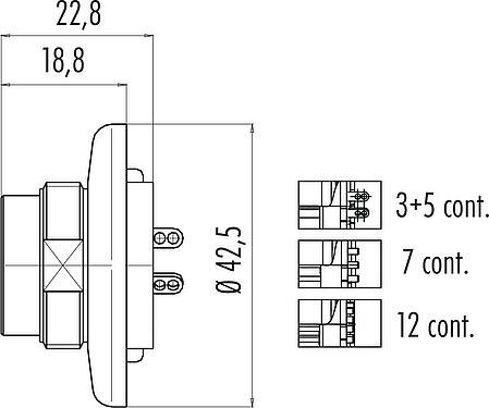 比例图 M25 针头法兰座, 极数: 5, 可接屏蔽, 焊接, IP40, 板前安装