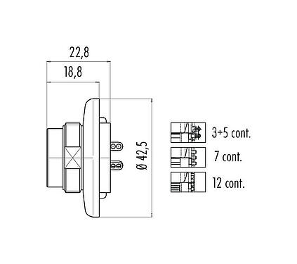 Scale drawing M25 Male panel mount connector, Contacts: 3, shieldable, solder, IP40, Front mounting